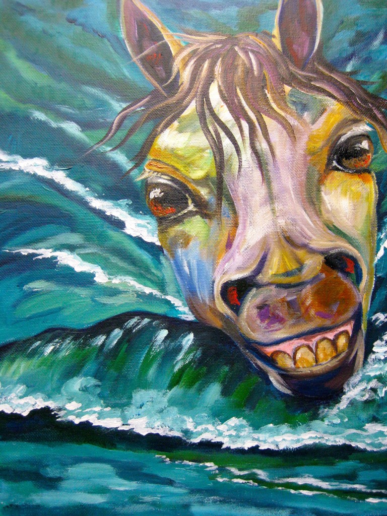 horse swimming painting